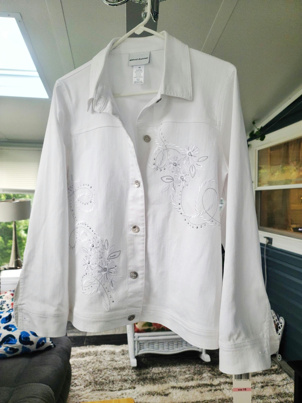 Alfred Dunner White Embroidered Button-Up Jean Jacket